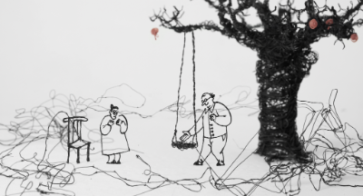 Character gestures for another person to use a tree swing